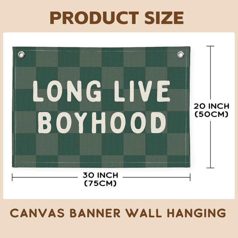 PLKMN Long Live Boyhood Linen Banner – Boys Room Wall Hanging, Playroom & Nursery Decor, Toddler Room Flag, Aesthetic Boys Bedroom Sign – Forest Green & White - Image 2